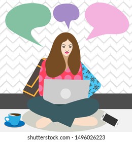 Conceptual illustration of a young woman/girl sitting with laptop on the floor, at home, looking at the laptop screen. Thought bubbles over the head to type text. Flat style drawing. Chevron wallpaper