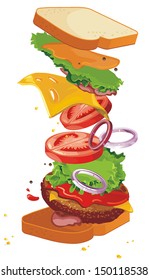 Conceptual illustration-flying ingredients of sandwich