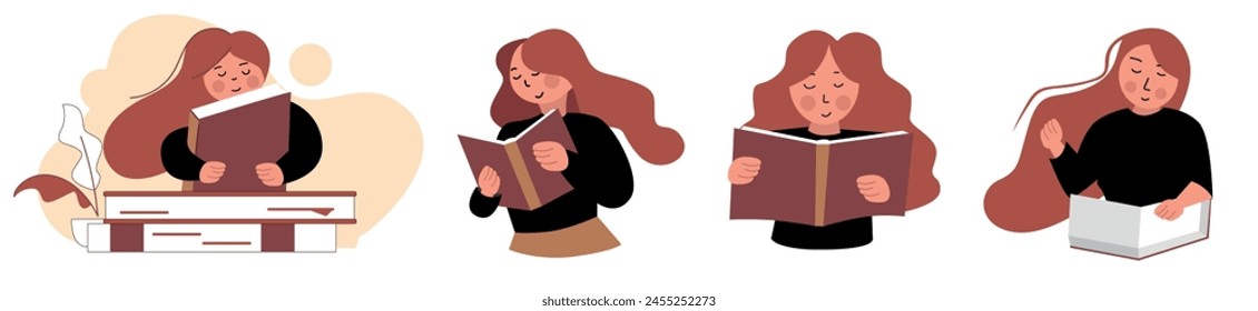 Conceptual illustrations of education and self-development. Various people involved in the process of education. Concept of trainings, workshops, back to school, online courses.