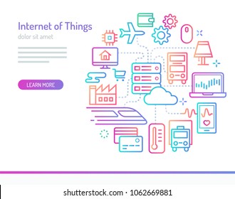 Conceptual Illustrations of the Internet of Things. industrial buildings, transportation, electronic devices and e commerce connected to cloud-based servers.