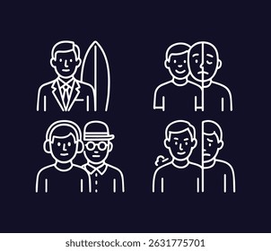 Conceptual illustrations representing varied personas and mental health complexities through minimalist, line-art icons on a clean background.