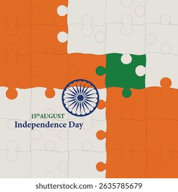 A conceptual Illustrator illustration celebrating Indian Independence Day on August 15th. The design uses interlocking jigsaw puzzle pieces in the colors of the Indian flag