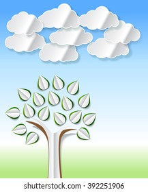 Conceptual image with abstract paper trees and clouds cut out 