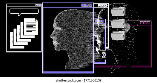 Imagen conceptual de IA (inteligencia artificial), VR (realidad virtual), Deep Learning y sistemas de reconocimiento facial. Ilustración vectorial de estilo Cyberpunk con cabeza humana en estilo de arte píxel.