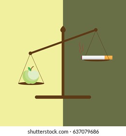 Conceptual image of an Apple and a cigarette on weight scale. Day of refusal of Smoking. No tobacco day. Stop smoking concept 