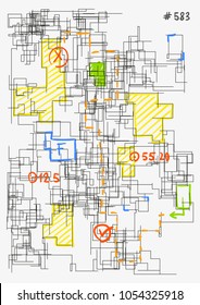 Conceptual image of architectural grid. Modern colorful hand drawn vector illustration. House project sketch. Complex schematic abstract urban plan. Template for a poster. Element of design.
