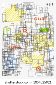 Conceptual image of architectural grid. Modern colorful hand drawn vector illustration. House project sketch. Complex schematic abstract urban plan. Template for a poster. Element of design.