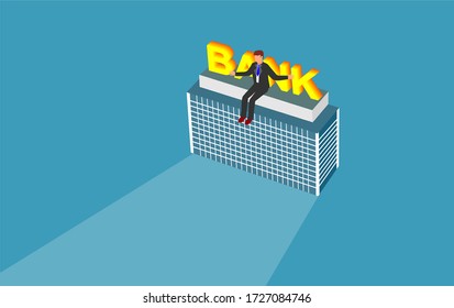 Imagen conceptual del hombre del sistema bancario sentado en la construcción, vector isométrico