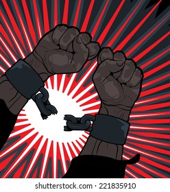 Conceptual image of breaking the bonds in a bid for for freedom and liberty with a strong man clenching his hands to snap the handcuffs around his wrists  vector illustration