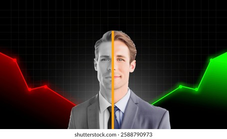 Conceptual image of a businessman with a split face, representing success and failure. One half is in black and white with a downward red graph, symbolizing financial loss, while the other half is in 