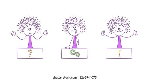 Conceptual image with cartoon stick woman and company development icons - collection. Vector.