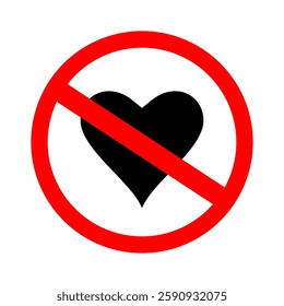 A conceptual image conveying the absence or prohibition of love.  A red prohibition symbol overlays a stark black heart, creating a visual metaphor for rejection or a ban on romantic feelings.