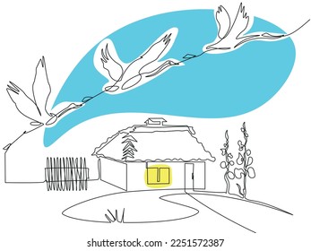 Conceptual image country house and cranes flying away. Ukrainian flag colors design. Continuous one line minimalistic art technique