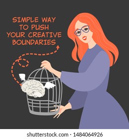 Conceptual image of a creative thinking with girl releasing a symbolic brain from a bird cage. Vector illustration in cartoon style.