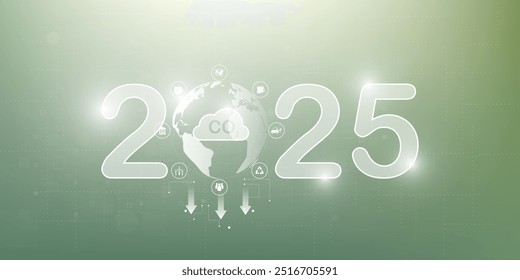 Konzeptbild Erde mit CO2 und 2025.2025 Neujahr, umweltfreundlich, Nachhaltigkeitsplanungskonzept mit Globus- und Weltumweltsymbolen auf grünem Hintergrund.