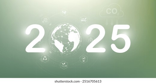 Conceptual image depicting Earth with CO2 and 2025.2025 New year, Eco friendly, Sustainability planning concept with globe and World environmental icons set on green background.