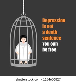 Conceptual image of a depressed girl. A sad girl is sitting in a cage. Vector illustration in a cartoon style.