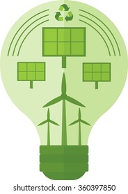 Conceptual image of eco-friendly energy. Wind and solar energy saves the environment. Objects isolated on a white background. Flat vector illustration.