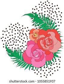 Conceptual image of flowers of pink, red and beige hues, green leaves on the background of dots