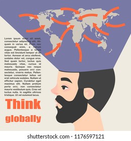 Conceptual image of a global thinking. The guy with a map in his head. 