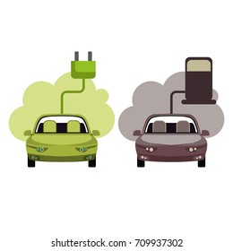 Conceptual image of a green energy and pollute cars. Cartoon flat vector illustration. Objects isolated on a background.