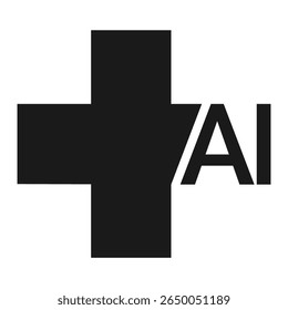 Imagem conceitual da inovação no setor de saúde com a interseção da inteligência artificial com os símbolos médicos tradicionais representados por uma cruz