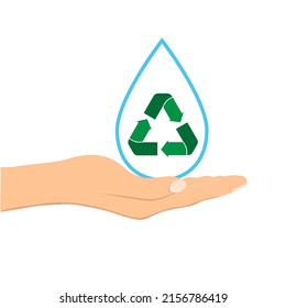 Imagen conceptual, ayuda y cuidado del reciclado. El agua cae con el símbolo verde triangular en una palma abierta. Ilustración del vector aislada en fondo blanco
