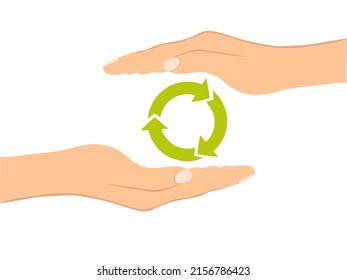 Conceptual image, help and care for recycling. Two hands holding green recycle symbol. Vector illustration isolated on white background.