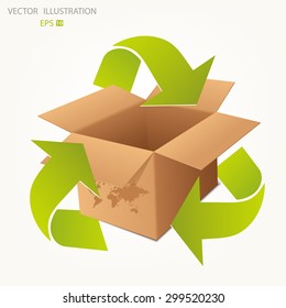 Conceptual image, help and care for recycling. Green triangular recycle symbol over a cardboard box. Vector illustration isolated on white background.