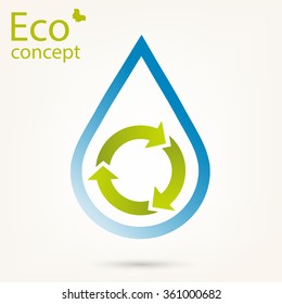 Conceptual image, help and care for recycling. Water drop with green triangular recycle symbol. Vector illustration isolated on light background.