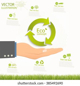 Conceptual image, help and care for recycling. Green triangular recycle symbol on an open palm. Vector illustration isolated on white background.