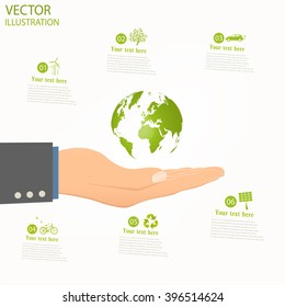 Conceptual image, help and care for recycling. Green globe on her hand. Vector illustration isolated on white background.