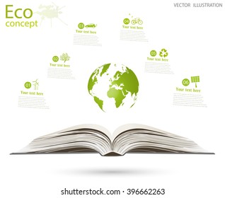 Conceptual image, help and care for recycling. Green globe over an open book. Vector illustration isolated on white background.