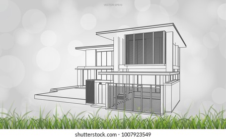 Conceptual image of house perspective render. 3D wireframe rendering with light blurred bokeh background. Vector illustration graphic.