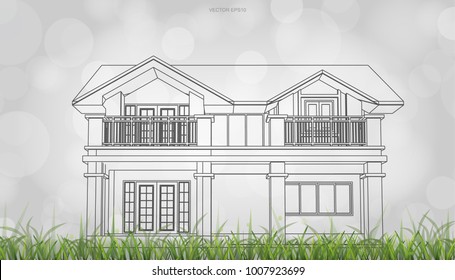 Conceptual image of house perspective render. 3D wireframe rendering with light blurred bokeh background. Vector illustration graphic.
