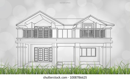 Conceptual image of house perspective render. 3D wireframe rendering with light blurred bokeh background. Vector illustration graphic.