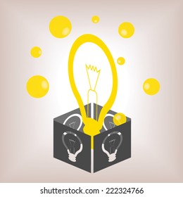 Conceptual image for an idea, with bright yellow light bulb rising out of a dark box (vector)