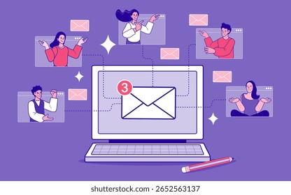 Ein konzeptionelles Bild eines Laptops mit einem großen E-Mail-Symbol und Messaging-Symbolen, die digitale Kommunikation, E-Mail-Marketing und Online-Benachrichtigungen darstellen.