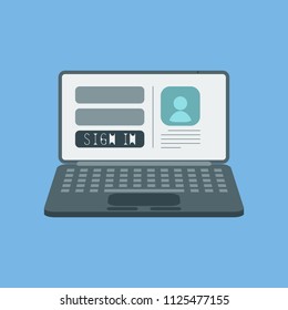 Conceptual image of a laptop. A screen for entering the website is displayed. Vector image.