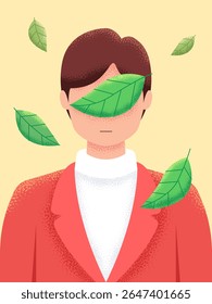 Conceptual image, a man in red suit surrounded by green leaves, representing nature, growth, and environmental consciousness