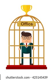 Conceptual image of office work. Office for bird cage. Flat vector illustration. Isolated objects.
