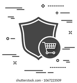 conceptual image of online shopping protection. flat shield with shopping cart  icon button on white background