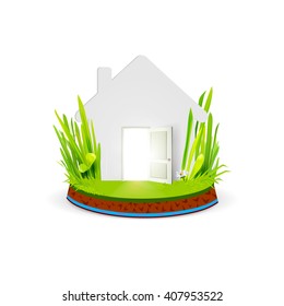 Conceptual image of paper house located at green natural grass, land and water on a stand.  Eco home concept. Green house vector. Eco green home. Ecology home icon.  Eco living. Green home. Smart home