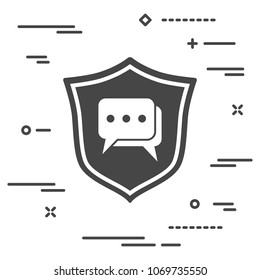 conceptual image protection of the communication in the network mode, here and now. flat shield with chat page icon on a white background