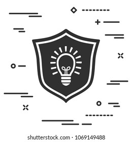 conceptual image of the protection of an inspiring unique idea. flat shield with bright lamp icon on a white background