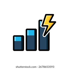 A conceptual image representing power, energy, and growth. Three bars of increasing height are shown, with a bright yellow lightning bolt striking the tallest bar, symbolizing 