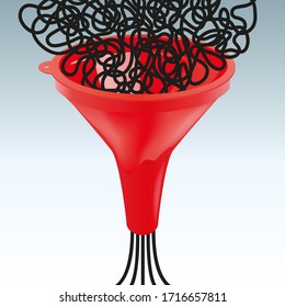 Conceptual image showing a funnel, with at its entrance an entangled wire, symbolizing mixed data and at its output separated wires, a symbol of analyzed data.