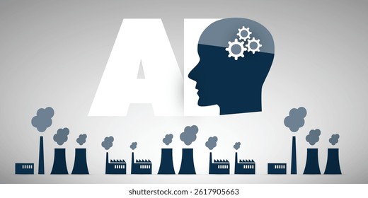 Conceptual image showing the high energy demand of AI. A head with gears hovers above polluting factories, warning of the environmental cost of powering AI with fossil fuels.