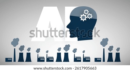 Conceptual image showing the high energy demand of AI. A head with gears hovers above polluting factories, warning of the environmental cost of powering AI with fossil fuels.