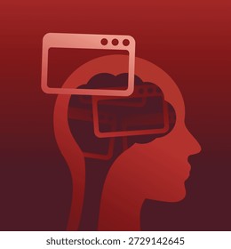 Imagen conceptual que muestra una cabeza humana llena de múltiples pestañas abiertas. Metáfora visual de la sobrecarga de información, distracción, presión multitarea y dificultad para mantener el enfoque en lo moderno